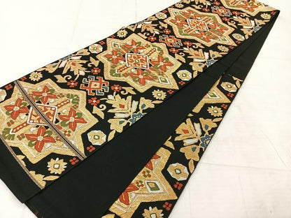 平和屋着物◎六通柄袋帯　コプト花文　黒地　金糸　正絹　逸品　AABF2609uk
