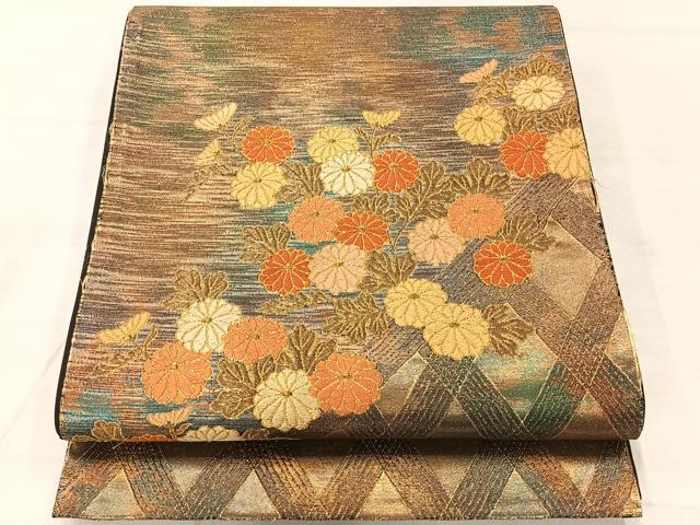 平和屋着物◎太鼓柄袋帯　草花文　金糸　引箔　正絹　逸品　AABF2611uk