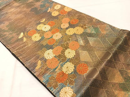 平和屋着物◎太鼓柄袋帯　草花文　金糸　引箔　正絹　逸品　AABF2611uk