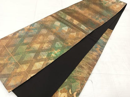 平和屋着物◎太鼓柄袋帯　草花文　金糸　引箔　正絹　逸品　AABF2611uk