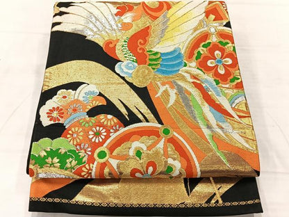 平和屋着物◎六通柄袋帯 鳳凰花文 黒地 金銀糸 正絹 逸品 AABF2613uk