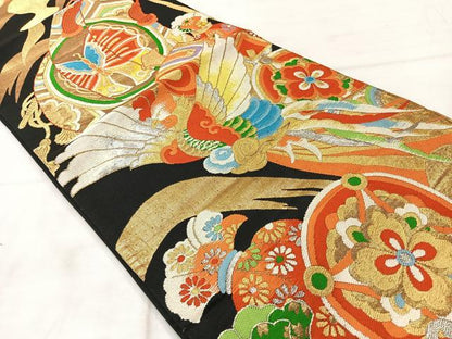 平和屋着物◎六通柄袋帯 鳳凰花文 黒地 金銀糸 正絹 逸品 AABF2613uk