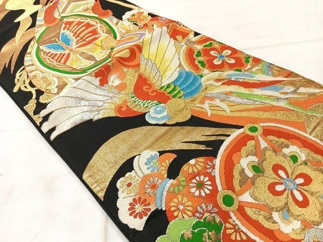 平和屋着物◎六通柄袋帯 鳳凰花文 黒地 金銀糸 正絹 逸品 AABF2613uk