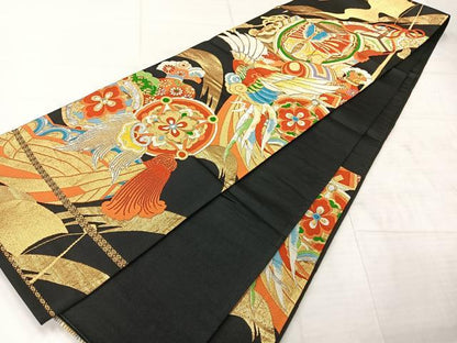 平和屋着物◎六通柄袋帯 鳳凰花文 黒地 金銀糸 正絹 逸品 AABF2613uk