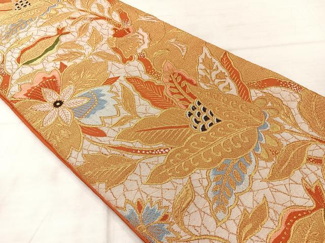平和屋着物◎六通柄袋帯　都金綴　更紗花文　金糸　正絹　逸品　AABF2621uk