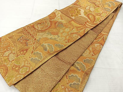 平和屋着物◎佐賀錦　六通柄袋帯　舞蝶花鳥文　金糸　正絹　逸品　AABF2622uk
