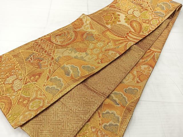 平和屋着物◎佐賀錦　六通柄袋帯　舞蝶花鳥文　金糸　正絹　逸品　AABF2622uk