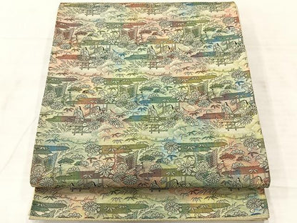 平和屋着物◎六通柄袋帯 エ霞風景文 金糸 正絹 逸品 AABF2624uk