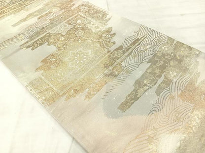 平和屋着物◎六通柄袋帯 霞花文 金糸 正絹 逸品 AABF2628uk