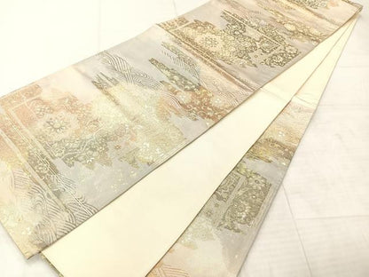 平和屋着物◎六通柄袋帯 霞花文 金糸 正絹 逸品 AABF2628uk