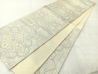 平和屋着物◎六通柄袋帯　洋花文　銀糸　正絹　逸品　AABF2629uk