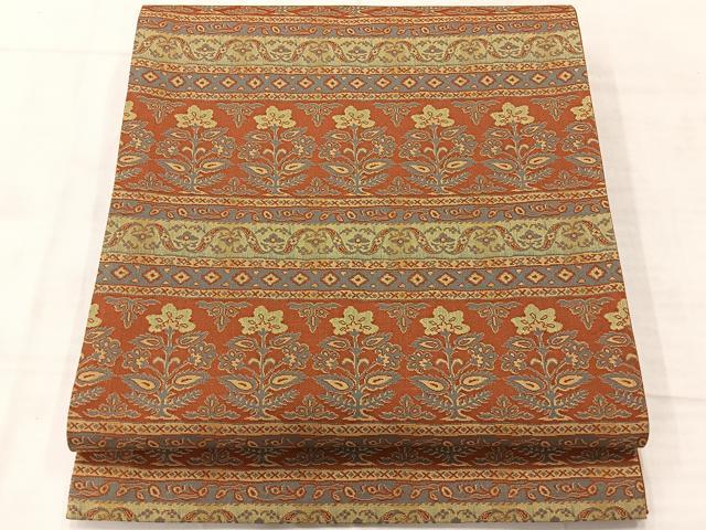 平和屋着物◎全通柄袋帯 横段洋花文 正絹 逸品 AABF2631uk