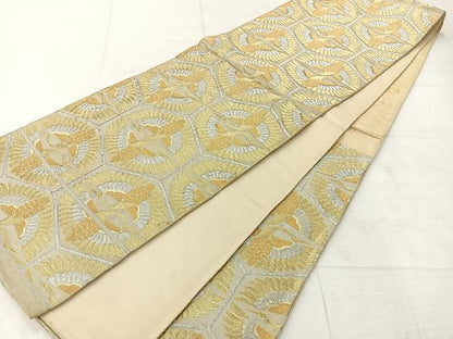 平和屋着物◎六通柄袋帯 亀甲双鶴文 金銀糸 正絹 逸品 AABF2635uk
