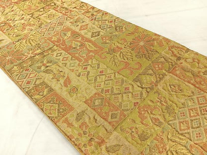 平和屋着物◎佐賀錦 六通柄袋帯 草花文 金糸 正絹 逸品 AABF2639uk