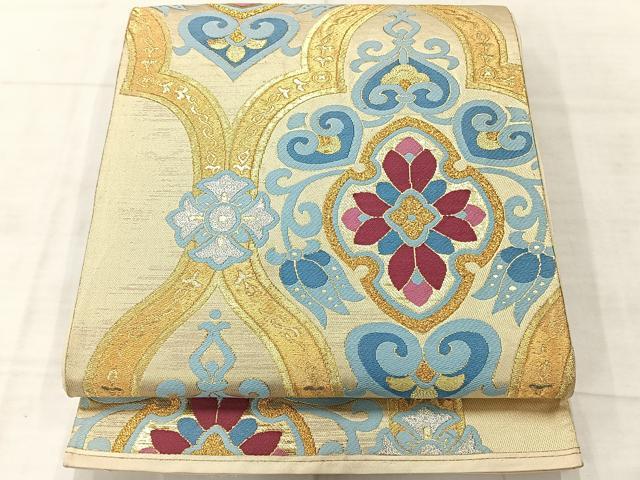 平和屋着物◎六通柄袋帯 洋花文 金糸 正絹 逸品 AABF2641uk