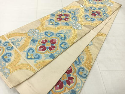 平和屋着物◎六通柄袋帯 洋花文 金糸 正絹 逸品 AABF2641uk