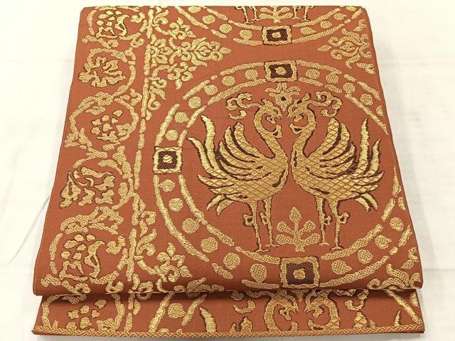 平和屋着物◎六通柄 本袋帯 双鳥丸文 金糸 正絹 逸品 AABF2647uk