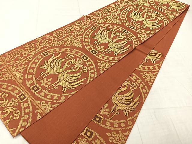 平和屋着物◎六通柄 本袋帯 双鳥丸文 金糸 正絹 逸品 AABF2647uk