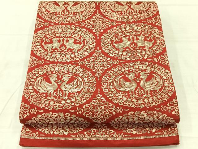 平和屋着物◎六通柄袋帯 鳥獣丸文 金糸 正絹 逸品 AABF2662uk