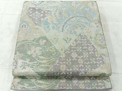 平和屋着物◎佐賀錦 六通柄袋帯 切嵌花文 銀糸 正絹 逸品 AABF2663uk