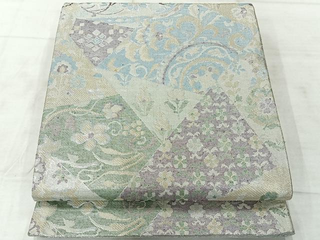 平和屋着物◎佐賀錦 六通柄袋帯 切嵌花文 銀糸 正絹 逸品 AABF2663uk