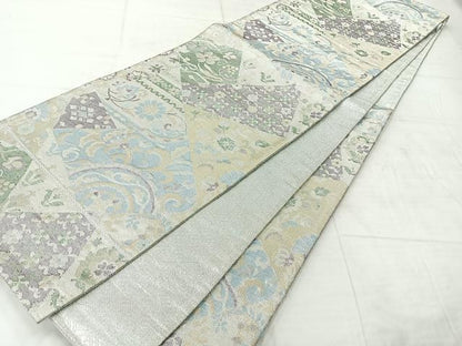 平和屋着物◎佐賀錦 六通柄袋帯 切嵌花文 銀糸 正絹 逸品 AABF2663uk