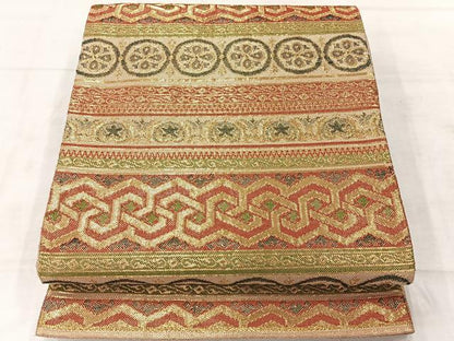 平和屋着物◎佐賀錦　六通柄袋帯　横段花文　金糸　正絹　逸品　AABF2666uk