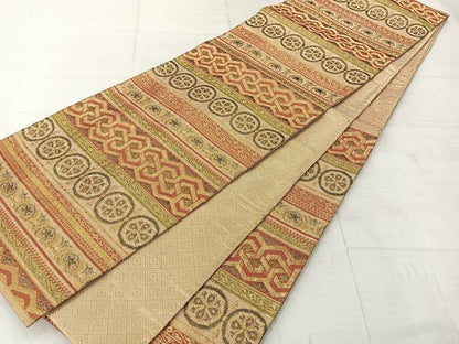 平和屋着物◎佐賀錦　六通柄袋帯　横段花文　金糸　正絹　逸品　AABF2666uk