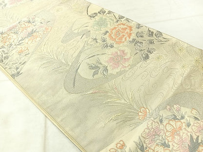 平和屋着物◎六通柄袋帯　唐織　観世草花文　銀糸　正絹　逸品　AABF2681uk