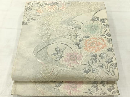 平和屋着物◎六通柄袋帯　唐織　観世草花文　銀糸　正絹　逸品　AABF2681uk