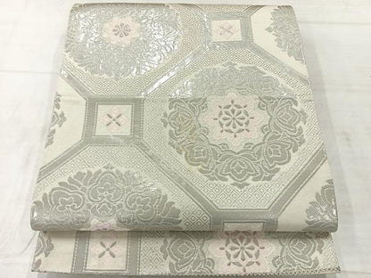 平和屋着物◎六通柄袋帯 唐織 千寿錦 プラチナ本銀箔二重織 蜀江花文 銀糸 正絹 逸品 AABF2683uk