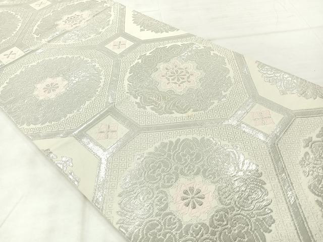 平和屋着物◎六通柄袋帯 唐織 千寿錦 プラチナ本銀箔二重織 蜀江花文 銀糸 正絹 逸品 AABF2683uk