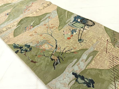 平和屋着物◎六通柄 本袋帯 遠山風景文 金糸 正絹 逸品 AABF2687uk