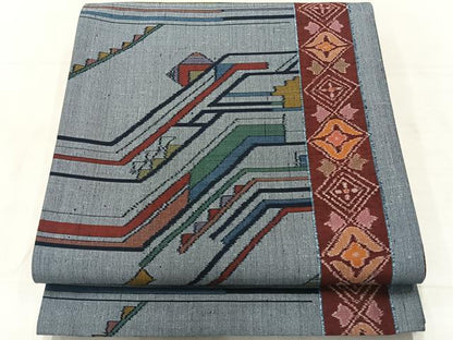平和屋着物◎全通柄袋帯 紬地 抽象間道 正絹 逸品 AABF2693uk