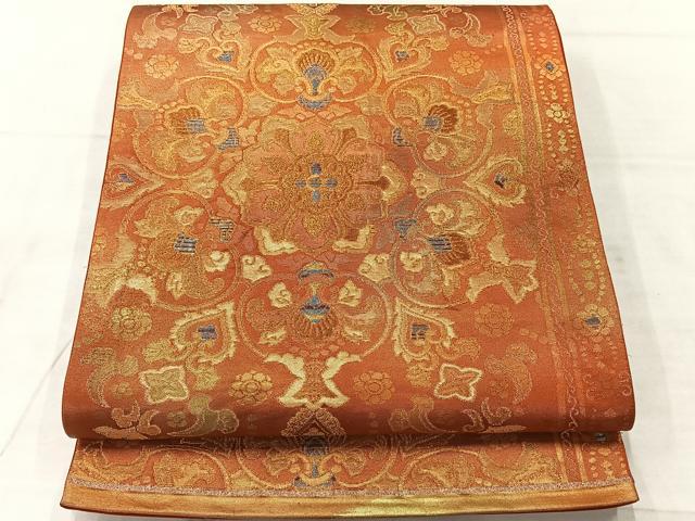 平和屋着物◎六通柄袋帯　更紗花文　金糸　正絹　逸品　AABF2697uk