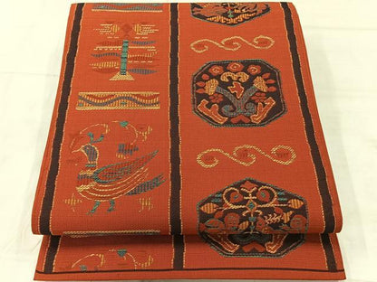 平和屋着物◎六通柄 本袋帯 花鳥文 正絹 逸品 AABF2698uk