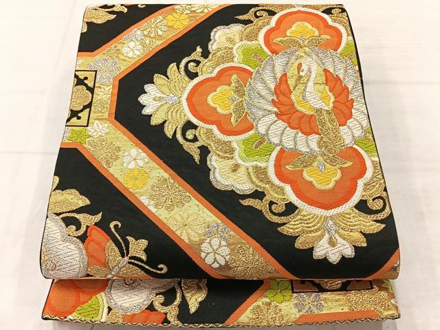 平和屋着物◎六通柄袋帯 唐織 花鳥文 鶴 黒地 金銀糸 正絹 逸品 AABF2704uk
