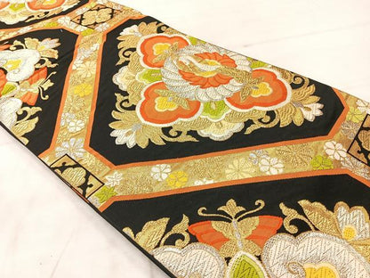 平和屋着物◎六通柄袋帯 唐織 花鳥文 鶴 黒地 金銀糸 正絹 逸品 AABF2704uk