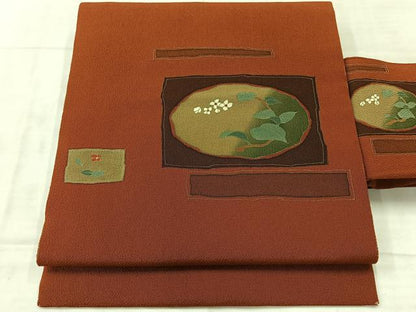 平和屋着物◎九寸名古屋帯 草花文 鬼しぼ縮緬 正絹 逸品 AABF2712uk