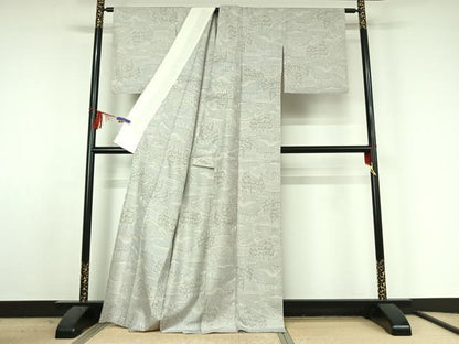 平和屋着物▽本場大島紬　白大島　単衣　風景文　正絹　逸品　AABF2721jh