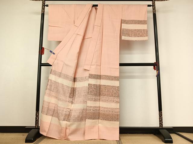 平和屋着物▽訪問着 単衣 紬地 手描き 横段花鳥文 正絹 逸品 AABF2727jh
