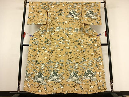 平和屋着物▽訪問着 単衣 型染め 伊作紙漉文 鬼しぼ縮緬 正絹 逸品 AABF2728jh