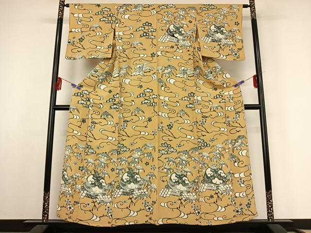 平和屋着物▽訪問着 単衣 型染め 伊作紙漉文 鬼しぼ縮緬 正絹 逸品 AABF2728jh