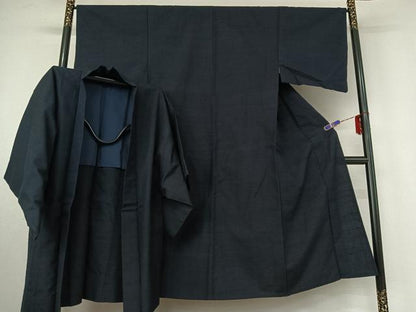 平和屋着物▽男性 紬 単衣 アンサンブル 濃藍色 正絹 逸品 AABF2733jh