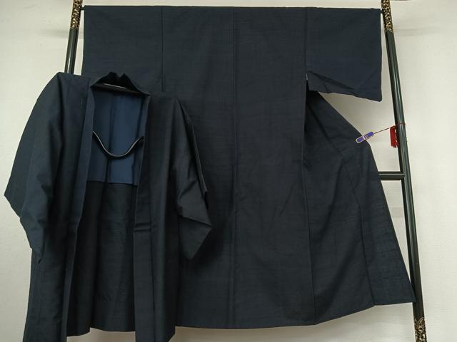 平和屋着物▽男性 紬 単衣 アンサンブル 濃藍色 正絹 逸品 AABF2733jh