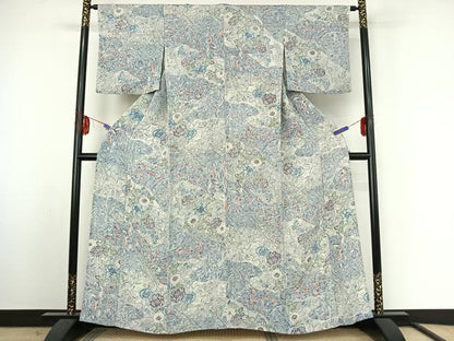 平和屋着物▽上質な小紋 単衣 更紗花鳥文 正絹 逸品 AABF2734jh