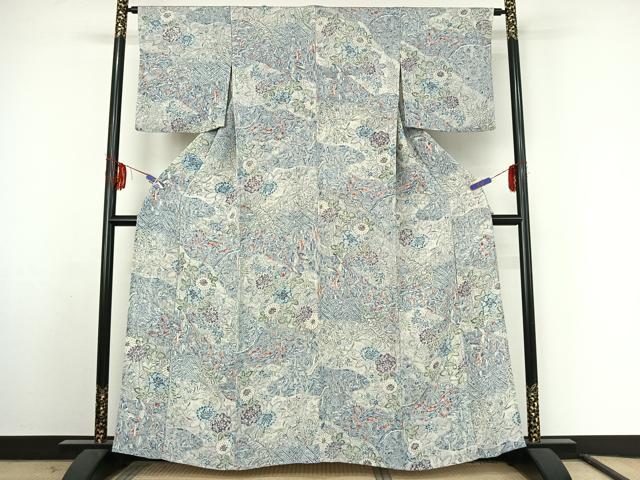 平和屋着物▽上質な小紋 単衣 更紗花鳥文 正絹 逸品 AABF2734jh