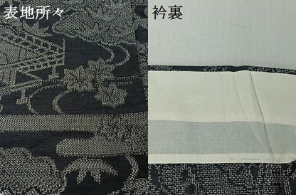 平和屋着物▽上質な紬 単衣 風景流水文 黒地 正絹 逸品 AABF2736jh