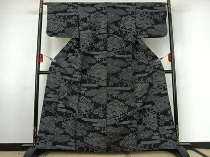 平和屋着物▽上質な紬 単衣 風景流水文 黒地 正絹 逸品 AABF2736jh