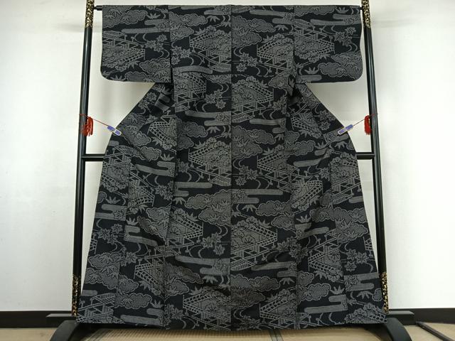平和屋着物▽上質な紬 単衣 風景流水文 黒地 正絹 逸品 AABF2736jh